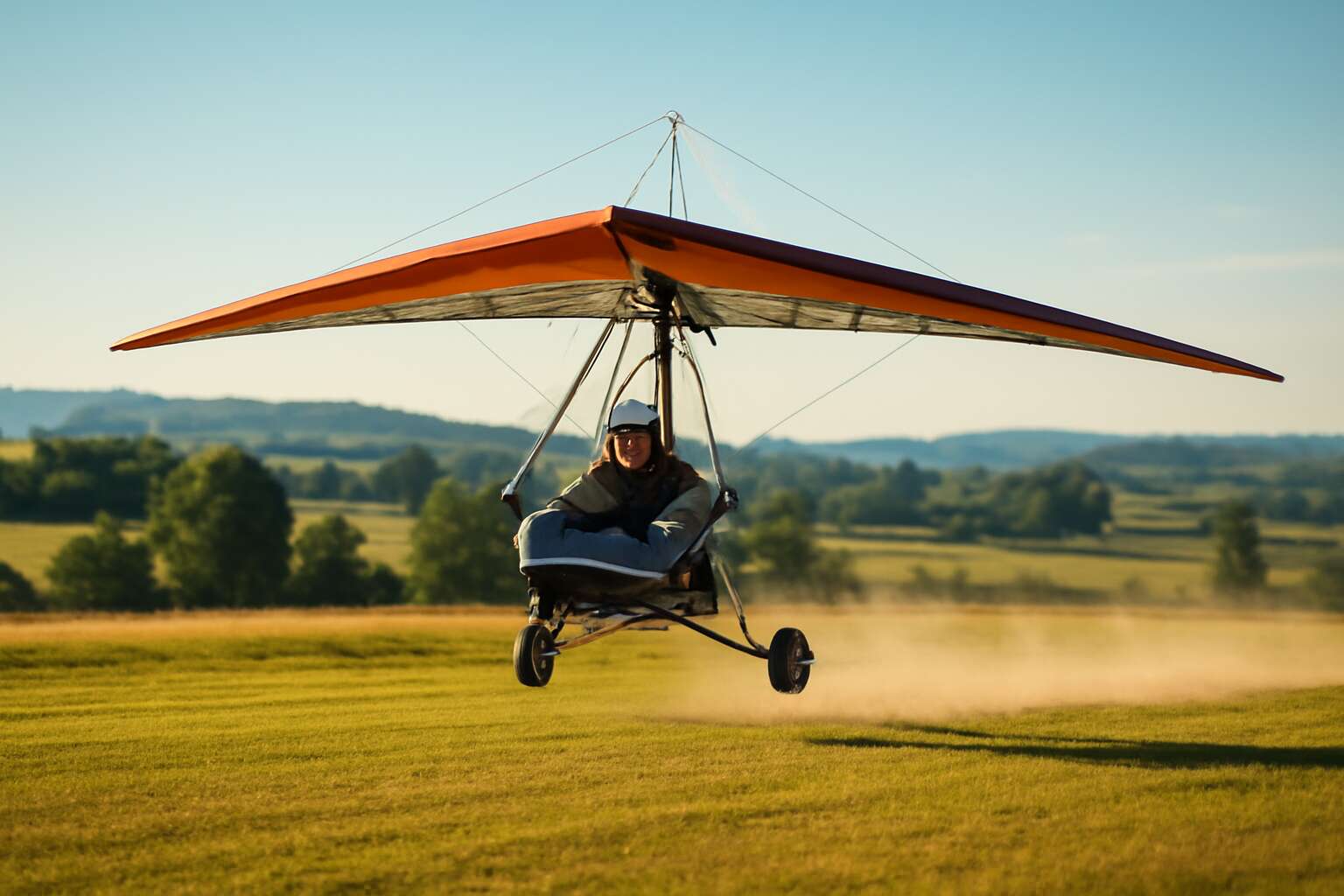 Daring ascent: microlight take off over rugged coast at dawn ...